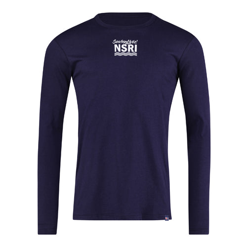 Long Sleeve Tee - Front small Saving Lives NSRI waves print - Navy