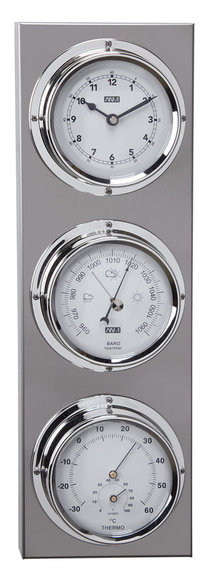 ANVI Barometer, Thermometer, Hygrometer, Clock - Stainless Steel - Rectangular (Coastal only)